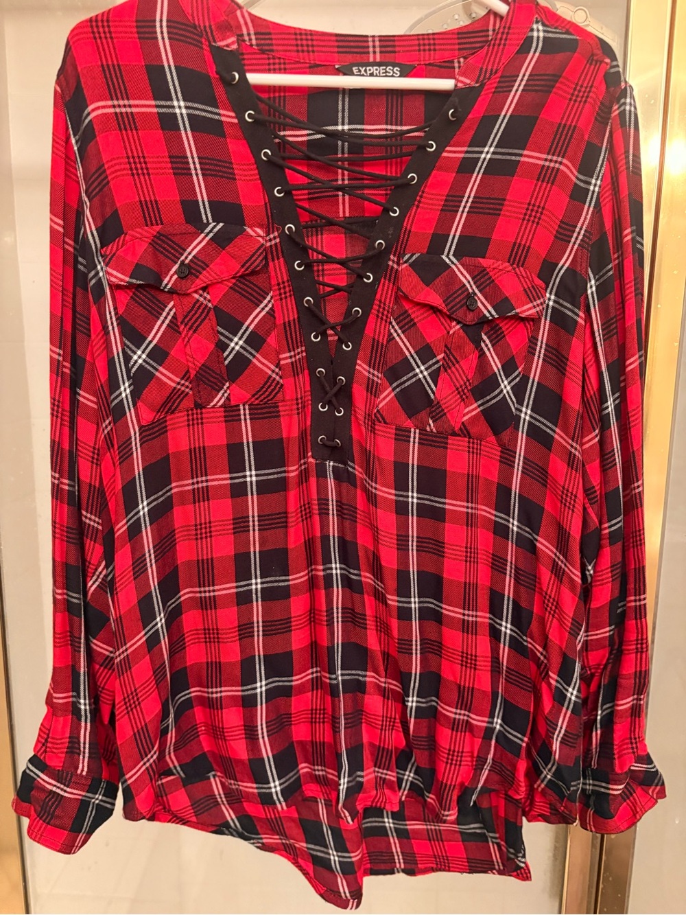 Express Lace Front Cotton Plaid Flannel Hi Lo Hem Shirt Size M/L